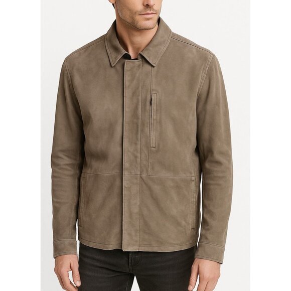 John Varvatos Men’s suede Leather trucker shirt jacket Tan Gray M Rare - Picture 1 of 13
